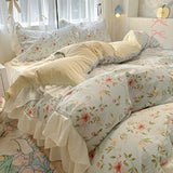 Qfdian  Floral print Korean style Princess Lace Bedding Set Duvet Cover Set Washed Cotton Flat Sheet set Queen For Girl Decor Home