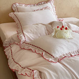 Qfdian  100% Cotton Double Yarn Bedding Set, Soft Ruffle Duvet Cover with Pillowcases, Queen King Size Pink Bed Linen for Girls Bedroom
