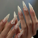 Qfdian  24pcs Long Stiletto Press on Nails Hot Girl Almond False Nails Nude Flower Rhinestones Full Cover Fake Nail Finished Manicure