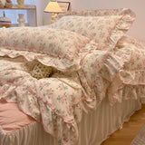 Qfdian 2/3Pc Korean Princess Style Floral Ruffles Bedding Set Single Queen Size Soft Skin-friendly Washed Cotton Duvet Cover Pillowcase