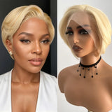 Qfdian 613 Blonde Pixie Cut Wig Straight Short Bob Synthetic Lace Front Wig Glueless Colored Hair Frontal Lace Wigs for Women Daily