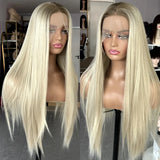 Qfdian Ombre Lace Front Wig Long Straight Synthetic Wig Brown Blonde Highlight Colored Hair 13X4 Frontal Wigs for Women Party Cosplay