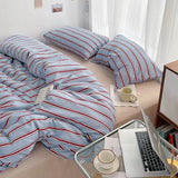 Qfdian  Simple Style Red And Blue Strip Duvet Cover Set Bed Sheet Set Washed Cotton Bedding Set