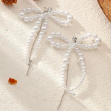 Qfdian  Luxury high-end bow long imitation pearl swinging earrings, elegant party wedding earrings, fashionable accessories, gifts