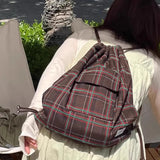 Qfdian  Drawstring Vintage Pleated Women Backpacks Y2k Aesthetic Plaid Grunge Shoulder Bags High-capacity Harajuku Handbags Crossbody