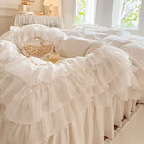 Qfdian 4/6Pcs White Pink 100% Cotton Princess Wedding Bedding Set Three Layers White Chiffon Lace Duvet Cover Set Bed Skirt Pillowcases