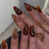 Qfdian  24pcs Press on Fake Nails Set Almond Wearable Simple French Flower False Nail Art Gold Beads Design Diamond Manicure Tips