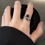 Qfdian  Kpop Irregular Black Geometry Punk Vintage Open Rings Set for Women Girls New Fashion Grunge Jewelry