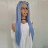 Qfdian Blue Wig Long Straight Synthetic Lace Front Wig Glueless Wig Ready to Wear Light Blue Hair Lace Wigs for Women Party Cosplay