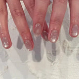 Qfdian 24Pcs Simple False Nails with Glue Short Almond Fake Nails Glitter Aurora Round Head Full Cover Nail Tips Oval Press on Nails