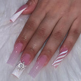 Qfdian 24Pcs Extra Long Square Fake Nail with Glue 3D Little Bear Bow Design False Nails White French Press on Nails Wearable Manicure