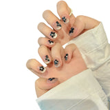 Qfdian 10Pcs Handmade Press On Nails Full Cover Cat Eye Black Flower Design French Short Ballerina Fake Nail Wearable Manicure Nail Tip