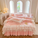 Qfdian 4/6Pcs White Pink 100% Cotton Princess Wedding Bedding Set Three Layers White Chiffon Lace Duvet Cover Set Bed Skirt Pillowcases