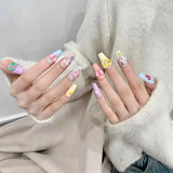 Qfdian  Pink Strawberry Press on Nails Handmade Flower Fake Nails Gradient Color Medium Length Square False Nails for Women Girls