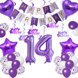Qfdian  Purple White Foil Birthday Number Decorations Happy Birthday Banner Purple Happy Birthday Swirls Foil Heart Star Latex Balloons