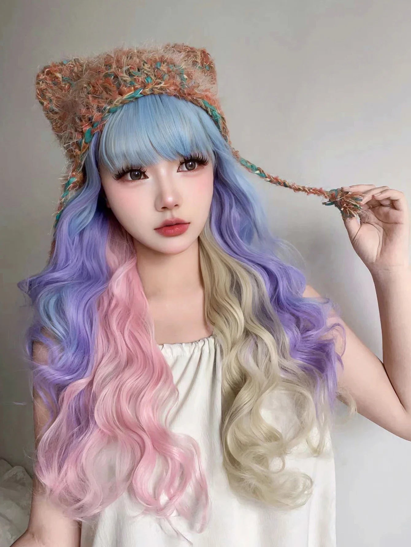 Qfdian 28Inch Blue Pink Purple Blonde Mix Color Synthetic Magic Wigs With Bang Long Natural Wavy Hair Wig For Women Cos Heat Resistant