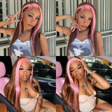 Qfdian Brown Highlight Wig with Pink Streak Long Straight Synthetic Lace Front Wig 13X4 Brunette Colored Hair Frontal Wigs for Women