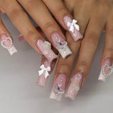 Qfdian 24Pcs French Fake Nails with Glue Long Square False Nails Flower Rhinestone Design Press on Nails Wearable Coffin Nail Tips
