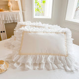 Qfdian 4/6Pcs White Pink 100% Cotton Princess Wedding Bedding Set Three Layers White Chiffon Lace Duvet Cover Set Bed Skirt Pillowcases