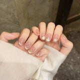 Qfdian Handmade French Short Champagne Cat Eyes Fake Nails Press on Nails Polka Dot Designs Full Cover False Nails Tips for Women