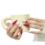 Qfdian 10PCS Handmade Rose Red Almond Fake Nails Diamond Decor Wearable Long Ballet False Nails Shiny Sequin Press On Nail Tips