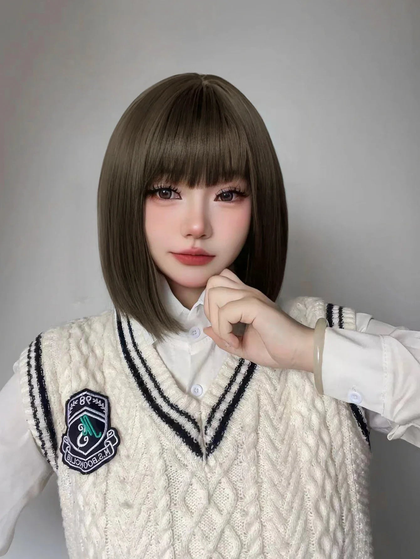 Qfdian 12Inch Lolita Tea Brown Preppy Style Synthetic Wigs With Bang Short Natural Straight Hair Wig For Women Daily Use Heat Resistant