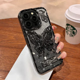 Qfdian Glitter Butterfly Gradient Stand Case for iPhone 15 16 14 12 13 Pro Max 14Pro Bracket Transparent Plating Soft Silicone Cover