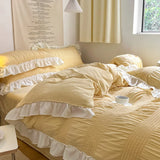 Qfdian Ins Style Korean Bedding Set Lace Seersucker 4-piece Bed Sheet Set Quilt Cover Solid Duvet Cover For Girl Spring Decor Home