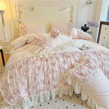 Qfdian  Princess Style Duvet Cover Sets with Lace Embroidery Bed Cover for Girls  Queen/King Size Soft Pink Bedding with Ruffles