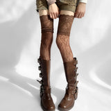 Qfdian 2025 Women Flower Lace Fishnet Thigh High Stockings Japanese Style JK Girl Sweet Lace Trim Frilly Over Knee Long Socks
