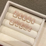 Qfdian Handmade French Short Champagne Cat Eyes Fake Nails Press on Nails Polka Dot Designs Full Cover False Nails Tips for Women