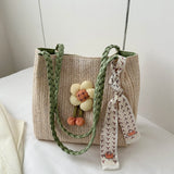 Qfdian Woven grass woven bag for women, large capacity fashionable new flower shoulder bag, casual shoulder bag, summer tote bag