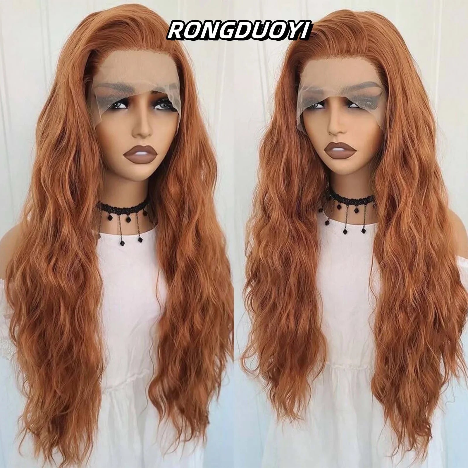 Qfdian 13X4 Ginger Orange Long Curly Synthetic Lace Front Wig Natural Wavy Auburn Brown Colored Hair Lace Frontal Wig for Women Party