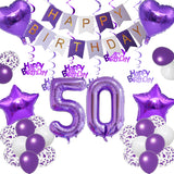 Qfdian  Purple White Foil Birthday Number Decorations Happy Birthday Banner Purple Happy Birthday Swirls Foil Heart Star Latex Balloons