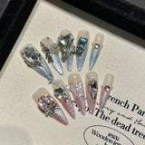 Qfdian Handmade Press on Nails Shiny Pink Cat Eye Fake Nails for Women Girl Wearable Glitter Full Crystal Design False Nail Tips