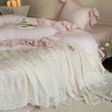 Qfdian French Lace Ruffles Princess Wedding Bedding Set Pure Cotton Double Layer Yarn Soft Duvet Cover Flat/Fitted Bed Sheet Pillowcase