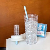 Qfdian  Cute Starry Straw Cup With Lid Transparent Plastic Tritan Water Bottle BPA Free Simple Heat-resistant Drinkware For Girl School