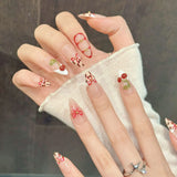 Qfdian  10pcs Handmade French Almond Press on Nails 3D Cherry Flowers Design False Nails Wearable Sweet Cool Fashion Fake Nail Tips