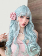 Qfdian 24Inch Sky Blue Refreshing Lolita Synthetic Wigs With Bang Long Natural Wavy Hair Wig For Women Daily Cosplay Heat Resistant