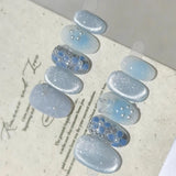 Qfdian  10pcs Short Almond False Nails Blue Gradient Fake Nails Hand Painted Flowers Pearl Stick on Nails Shiny Cat Eye  Press on Nail