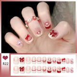Qfdian  24pcs Bowknots Love Heart Pattern Press On Nails Cute Fresh Short Round French Style False Nails Korean Sweet Wearable Fake Nail