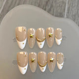 Qfdian Handmade Almond Press On Nail Reusable French Fake Nails Rhinestone Full Cover Artificial Manicuree Wearable Nail Tips Art