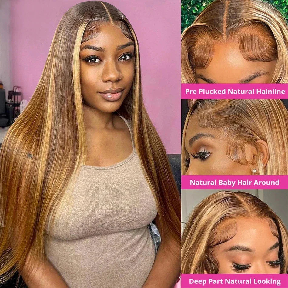 Qfdian Ombre Highlight Wigs Human Hair 100% 13x4 13x6 Transparent Lace Front  Wig Pre Plucked Honey Blonde Lace Frontal Wig Brazilian