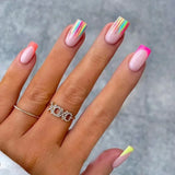 Qfdian 24Pcs Simple False Nails with Glue Short Almond Fake Nails Glitter Aurora Round Head Full Cover Nail Tips Oval Press on Nails