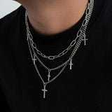 Qfdian  Punk Silver Color Cross Pendant Necklace for Women Men Gothic Hip Hop Metal Star Tassel Multi Layer Necklace Party Jewelry Gifts