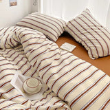 Qfdian  Simple Style Red And Blue Strip Duvet Cover Set Bed Sheet Set Washed Cotton Bedding Set