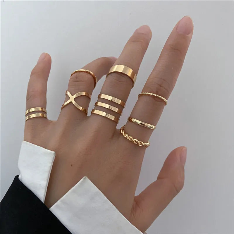 Boho Gold Color Cross Wide Rings Set For Women Girls Simple Chain Finger Tail Rings NEW Bijoux Jewelry Gifts Ring Female