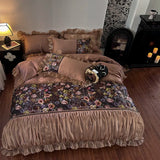 Qfdian Vintage Flower Prints Organza Lace Ruffles Egyptian Cotton Bedding Set Duvet Cover Bed Sheet/Bed Skirt/Fitted Sheet Pillowcases