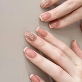 Qfdian 24pcs Simple Almond False Nails Sets Blush Design Press on Nails Art Datachable Short Oval Fake Nail with Jelly Glue Manicure