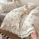 Qfdian  Korean Sweet Cherry Print Ruffles Bedding Sets oft Washed Cotton Duvet Cover Set Cute Princess Style Bedding for Girls Bedroom